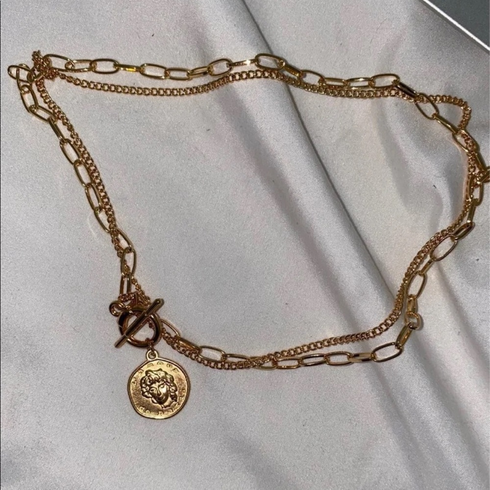 Double Chain Gold Coin Pendant Necklace Choker